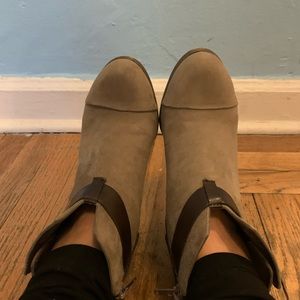 Olive and brown Block heeled booties